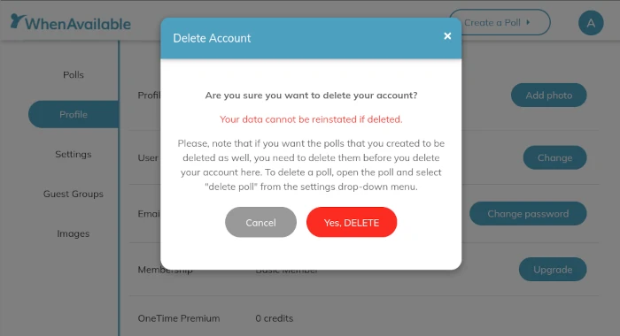 confirm delete account on website