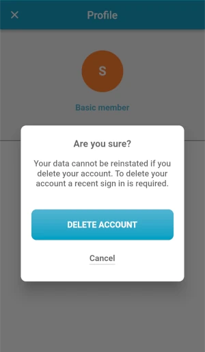 confirm delete account in app