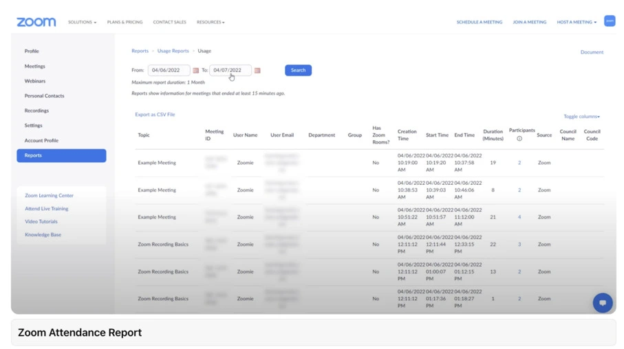 A screenshot of an attendance report.