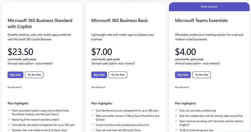 Microsoft Teams business pricing