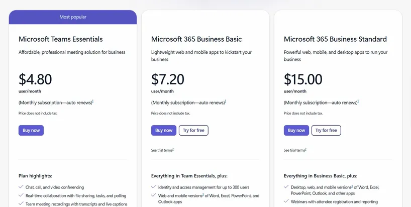 Microsoft teams pricing