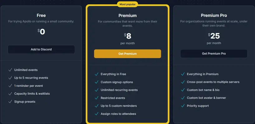 Apollo Discord bot pricing