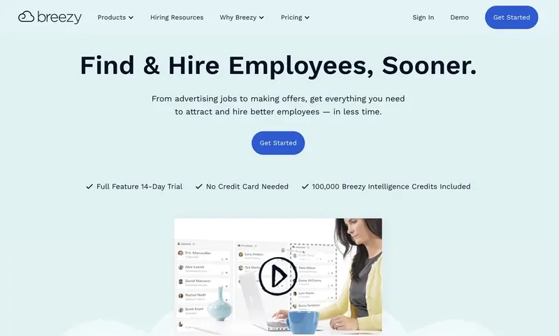 Screenshot of Breezy hr's homepage