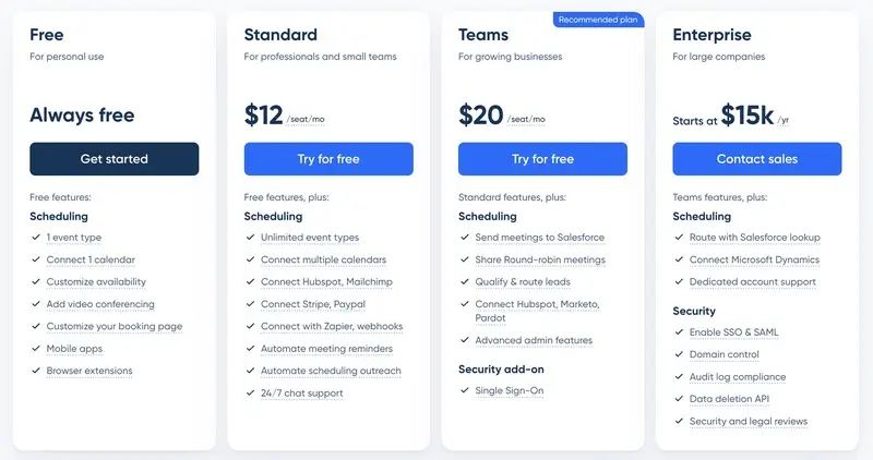 Screenshot of Calendly's pricing