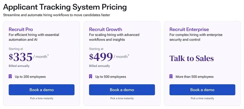 Screenshot of Spark hire's pricing