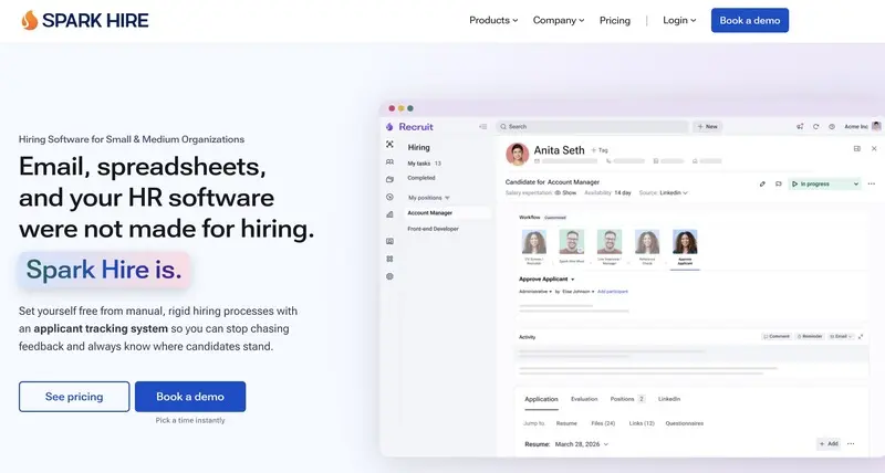 Screenshot of Spark hire's homepage