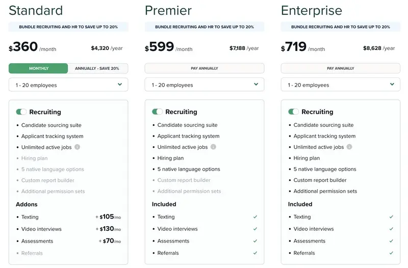 Screenshot of Workable's pricing