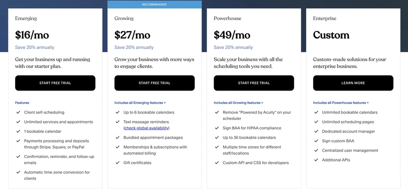Acuity Scheduling Pricing screenshot