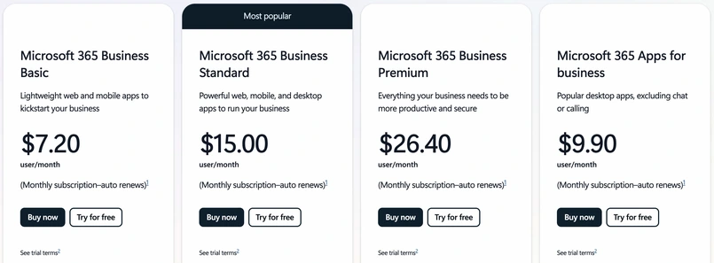 Microsoft 365 Pricing screenshot