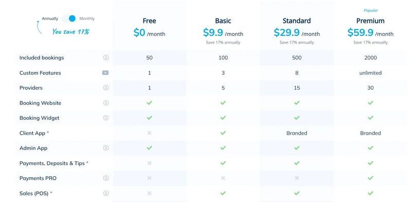 SimplyBook.me Pricing screenshot