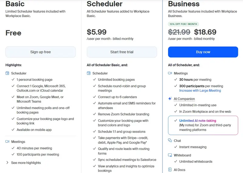 Zoom Scheduler Pricing screenshot