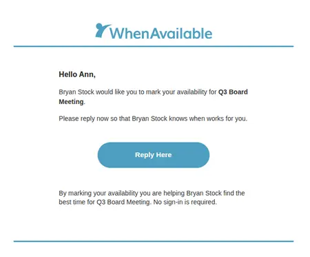 Sample email invitation sent from WhenAvailable