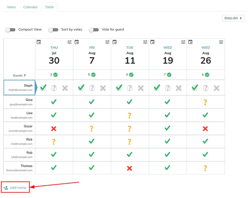 Adding guests by name and recording votes in Table view