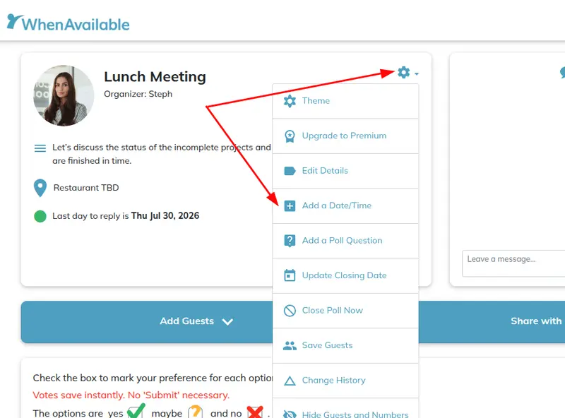 Select Add a Date/Time option in the drop-down menu