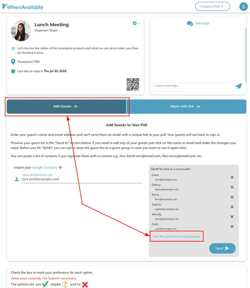 Save guest list as a guest group screenshot