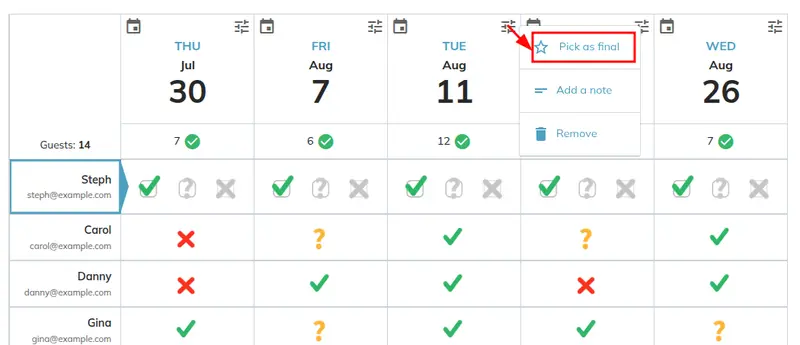 Pick as final date menu option screenshot