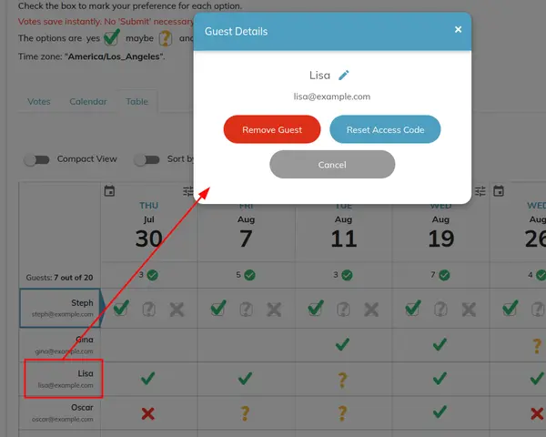 Click on a guest name and select Remove Guest from the dialog