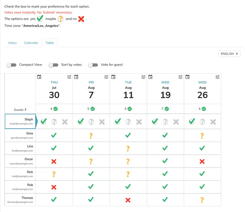 Poll responses table view matrix
