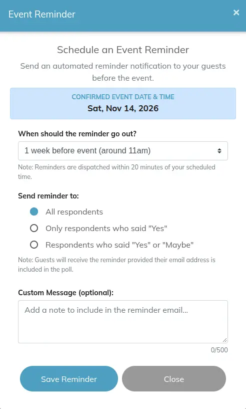 Screenshot showing the Event Reminder scheduling modal
