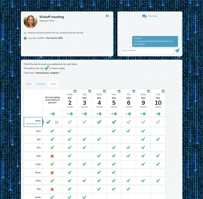 Example Kickoff Meeting Poll