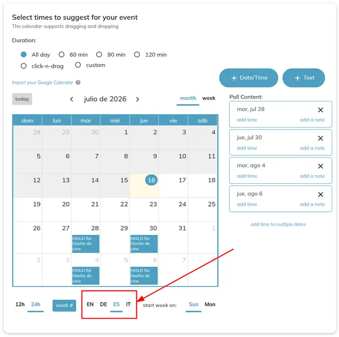 organizer calendar language buttons