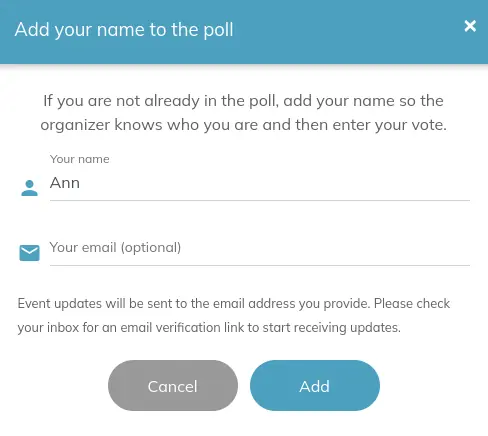 Guest entering name and email address when joining poll via shareable link