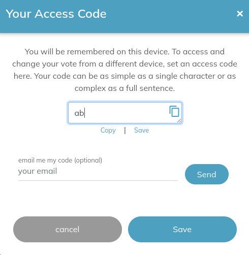 screenshot of setting and saving access code