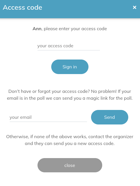 screenshot of signing in with access code