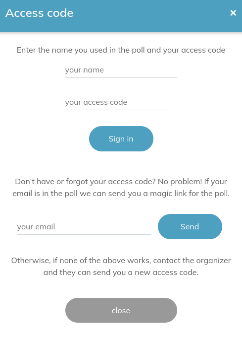 screenshot of signing in with name and access code